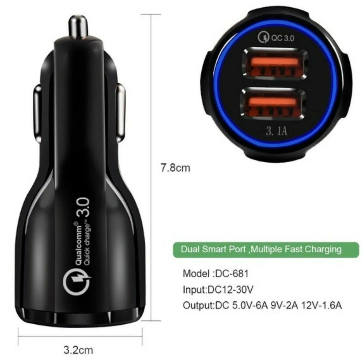 2 Pack 2 Port USB Fast Car Charger Adapter For Devices Black